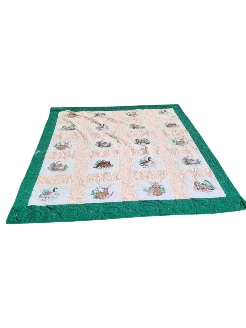 Vintage Handmade Wildlife-Themed Double Quilt with Green Border & Embroidered